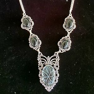 New Carved Black Rutile, Black Onyx Silver Necklace and Earrings Set.